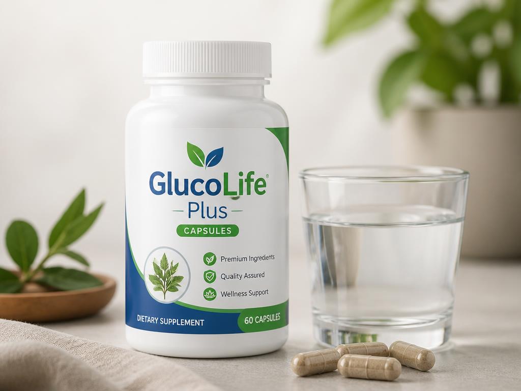 Flacon de GlucoLife Plus Capsules avec un verre d'eau et des gélules naturelles
